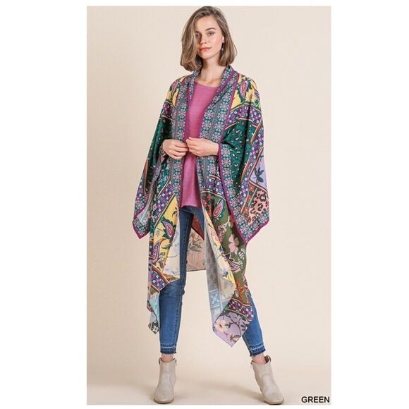 𝅺MIXED Scarf Print Angel Sleeve Open Front Kimono - Picture 6 of 10